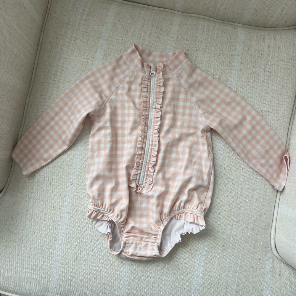 Janie and Jack Peach Gingham Ruffle Front Long-Sleeve One-Piece Swimsuit